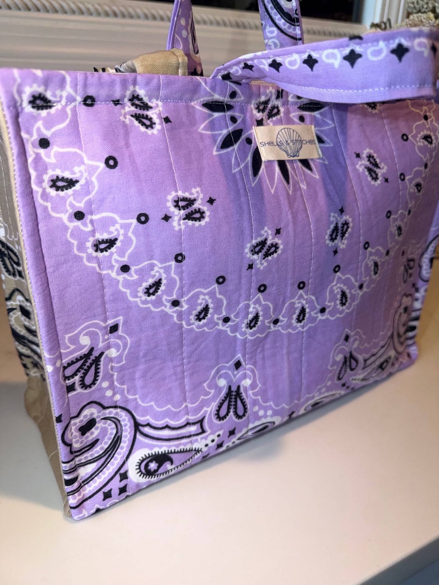 Lavender & Tan Bandana Patchwork Tote Bag