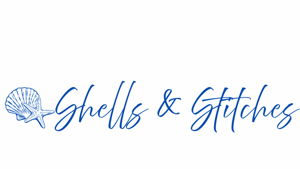 Logo for 'Shells & Stitches' with a shell icon on a white background